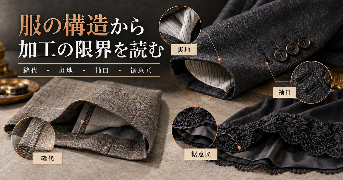 縫代、裏地、袖口、裾意匠を衣服の接写とともに示した構造確認の図解