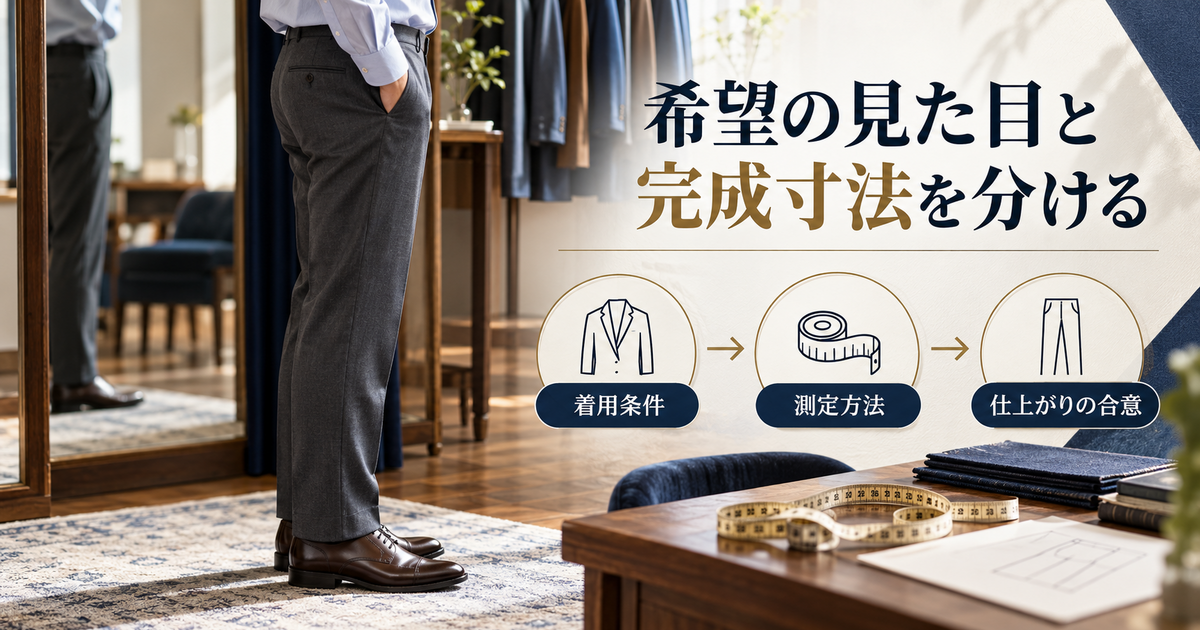 着用条件、測定方法、仕上がりの合意を順に確認するフィッティングの説明図