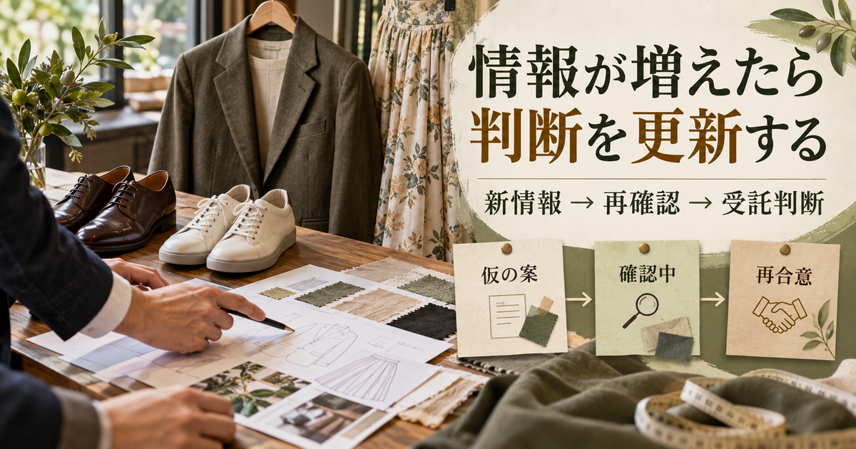 新情報、再確認、受託判断という順で仮の案を更新する三段階の図解