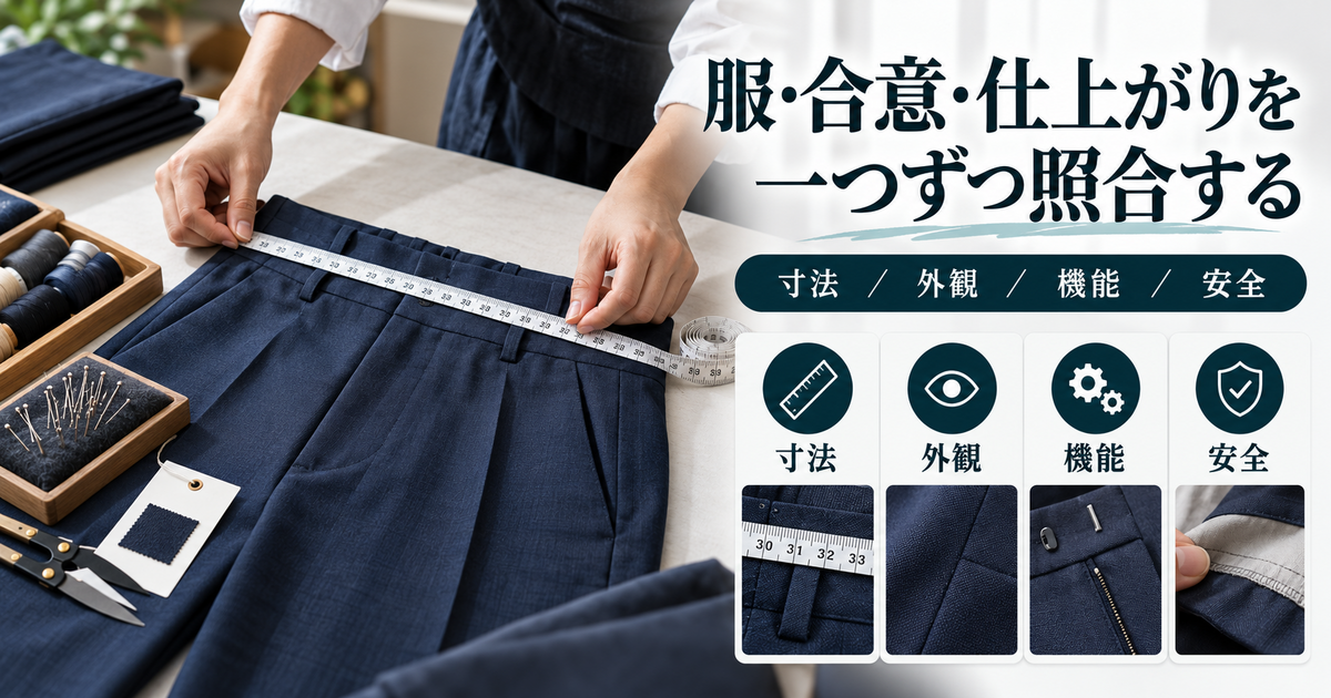 寸法、外観、機能、安全を別々に確認する衣服の検品項目