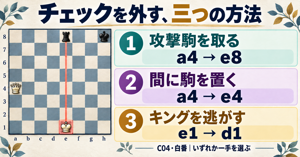 白番の教材C04。黒ルークe8のチェックに対し、白クイーンa4でe8のルークを取る、e4へ置いて遮る、白キングe1をd1へ逃がすという三つの別案。