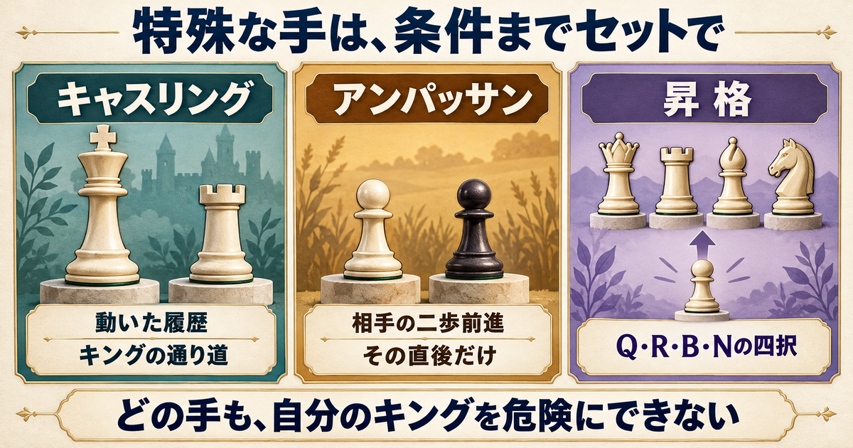 キャスリングは動いた履歴とキングの通り道、アンパッサンは相手の二歩前進の直後、昇格はクイーン・ルーク・ビショップ・ナイトの四択を確認する。どの手も自分のキングを危険にできない。