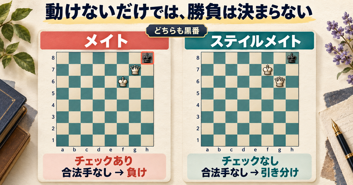 黒番のメイトC14とステイルメイトC15を比較。どちらも合法手はないが、C14はチェック中なので黒の負け、C15はチェックされていないため引き分け。