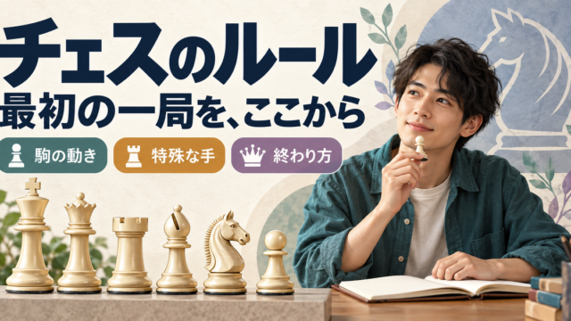 チェスの6種類の駒と、ポーンを手にルールを学ぶ成人。駒の動き、特殊な手、終わり方を最初の一局で覚える入門記事のアイキャッチ。