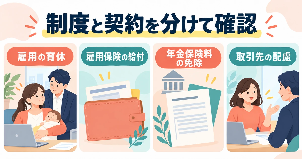 雇用の育休、雇用保険の給付、年金保険料の免除、取引先の配慮を別々に確認する図