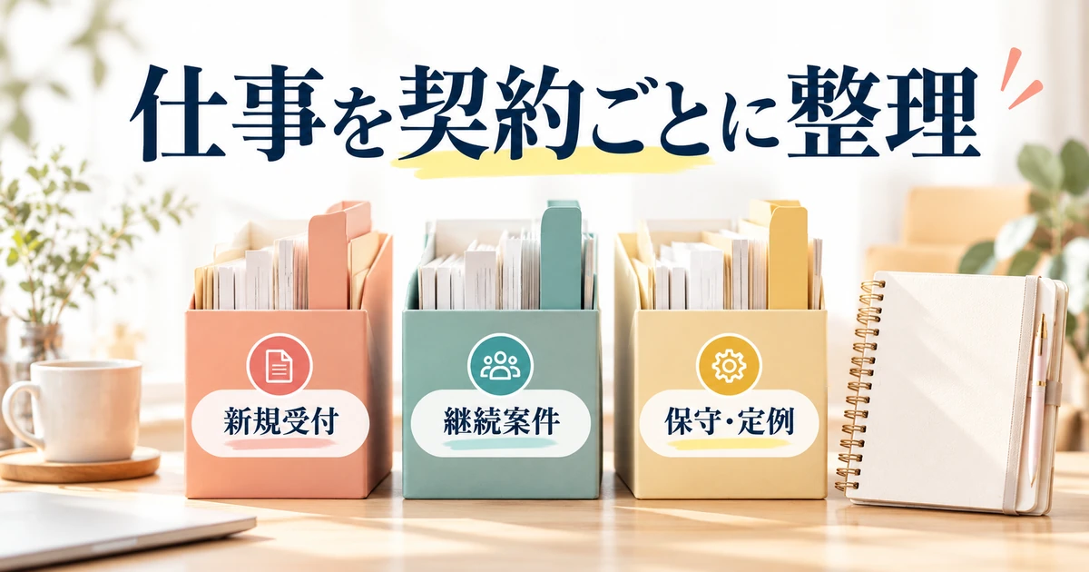 新規受付、継続案件、保守や定例の仕事を契約ごとに整理する図