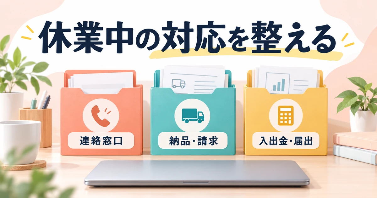 連絡窓口、納品と請求、入出金と届出を休業前に整理する図