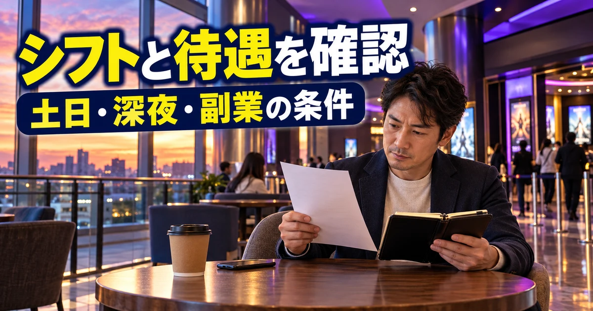 シフトと待遇を確認(土日・深夜・副業の条件)の説明用生成画像