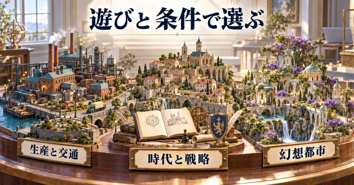 生産と交通、時代と戦略、幻想都市という三つの選択軸を示した概念イラスト