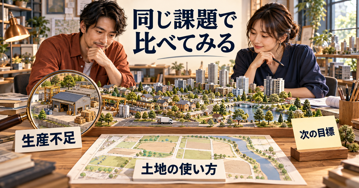 生産不足、土地の使い方、次の目標という三つの課題を都市模型で比べるイメージ