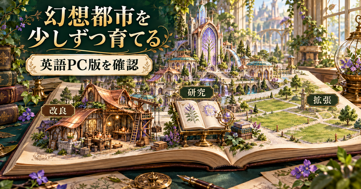 英語PC版を確認したElvenarの改良、研究、土地拡張を説明する幻想都市の概念図