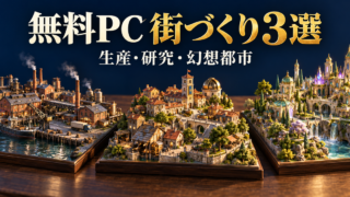 生産と交通、時代研究、幻想都市の三つの街づくりを比べる独自ジオラマのイメージ