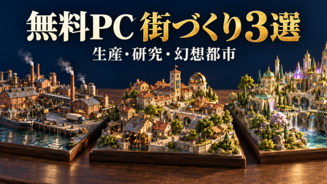 生産と交通、時代研究、幻想都市の三つの街づくりを比べる独自ジオラマのイメージ
