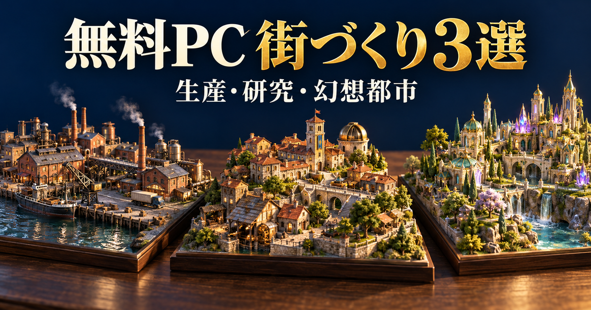 生産と交通、時代研究、幻想都市の三つの街づくりを比べる独自ジオラマのイメージ