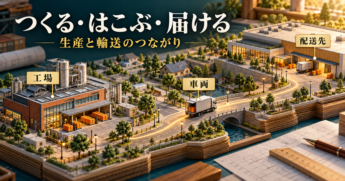 工場、車両、配送先の関係を示し、生産と輸送の釣り合いを考える都市模型