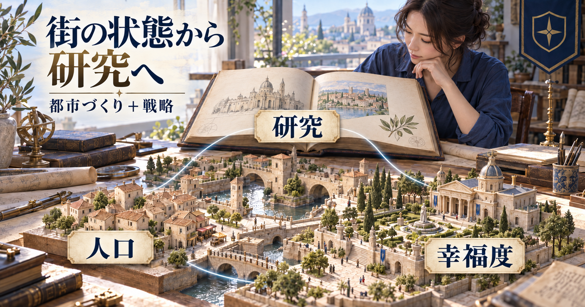 人口と幸福度を見ながら街の生産を整え、研究へつなぐ考え方のイメージ