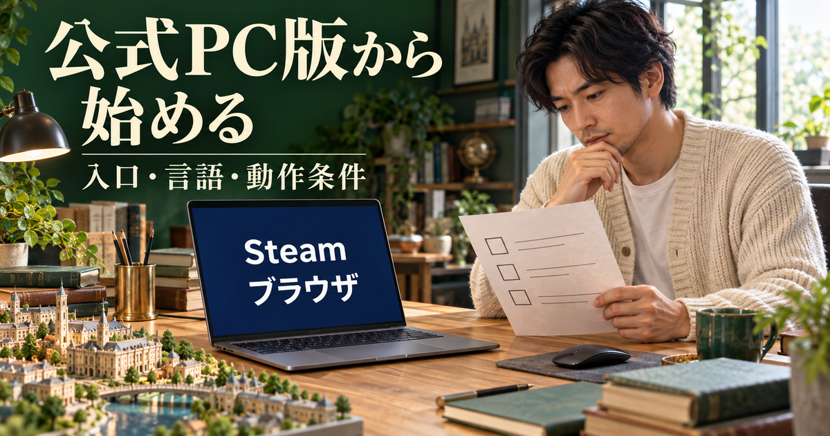 PCゲームの公式入口、言語、動作条件を確認してから始める机上のイメージ