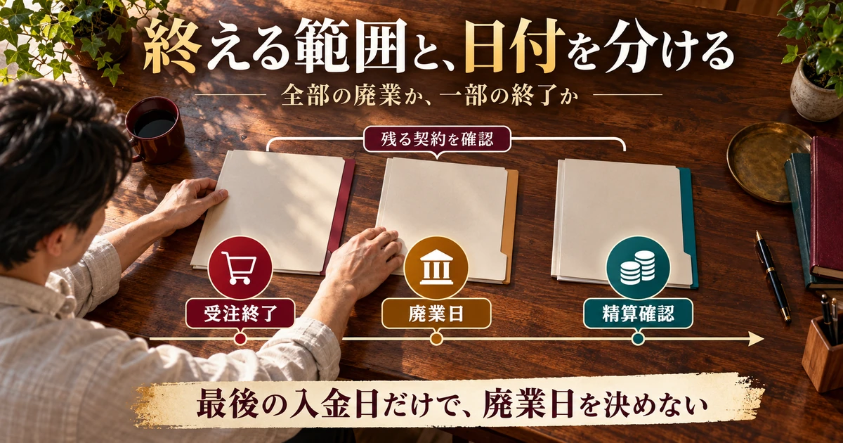 全部と一部の廃業を分け、受注終了・廃業日・精算確認の時点を整理する説明用生成画像