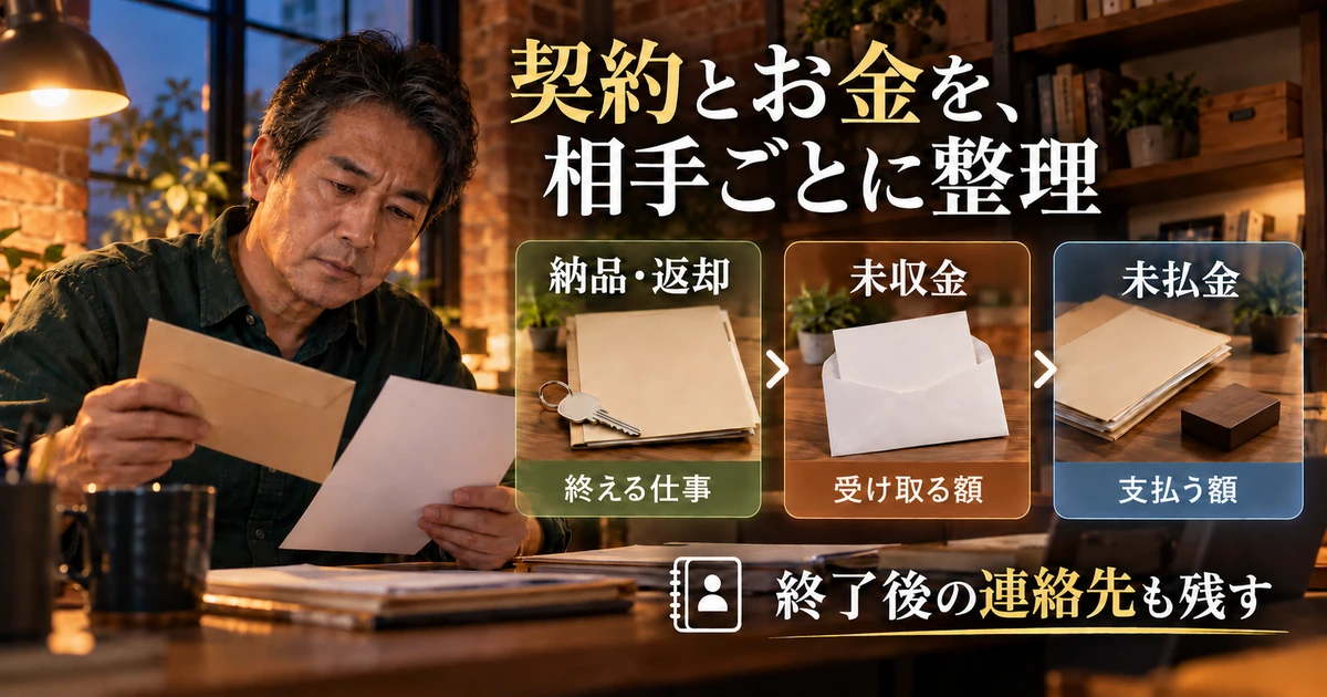 契約ごとに納品返却・未収金・未払金と終了後の連絡先を確認する説明用生成画像