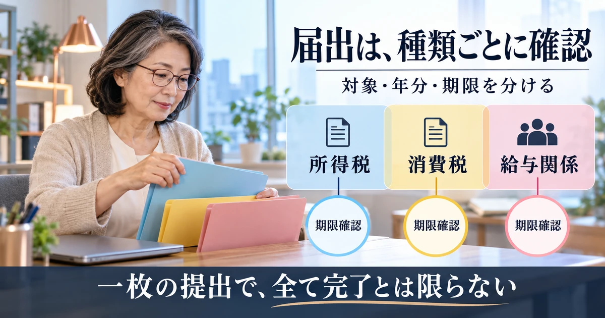所得税・消費税・給与関係の届出について、それぞれ対象年分と期限を確認する説明用生成画像