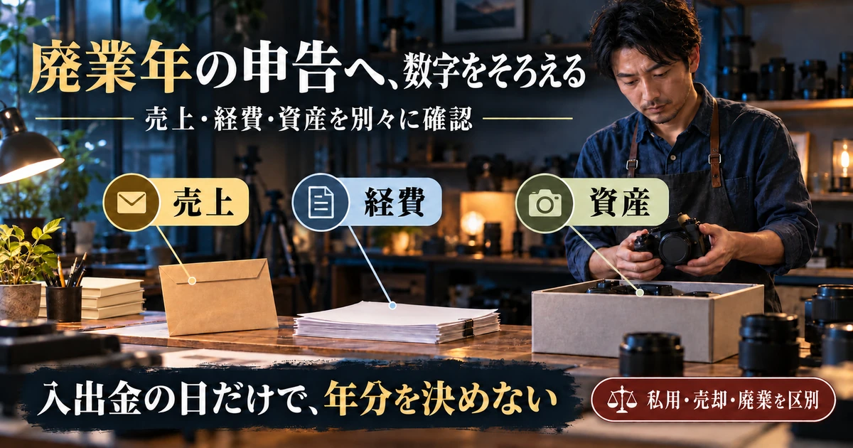 廃業年の申告へ向けて売上・経費・資産と私用売却廃棄を区別する説明用生成画像