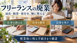 フリーランスの廃業で、仕事の終了・お金の精算・記録保存を順に確認する説明用生成画像