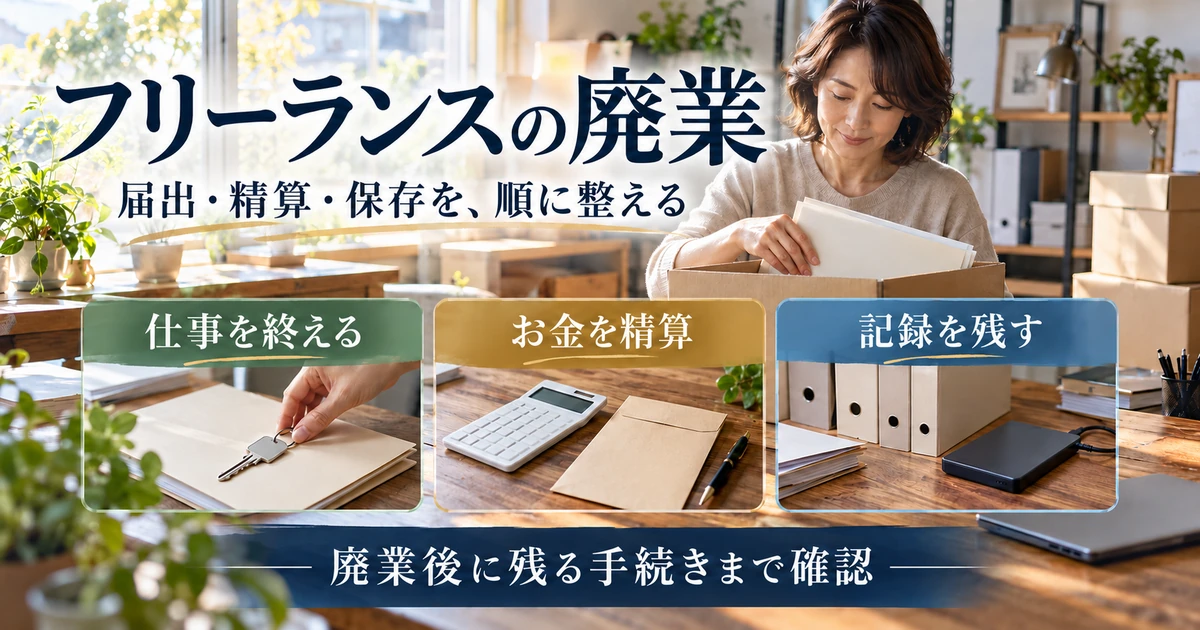 フリーランスの廃業で、仕事の終了・お金の精算・記録保存を順に確認する説明用生成画像