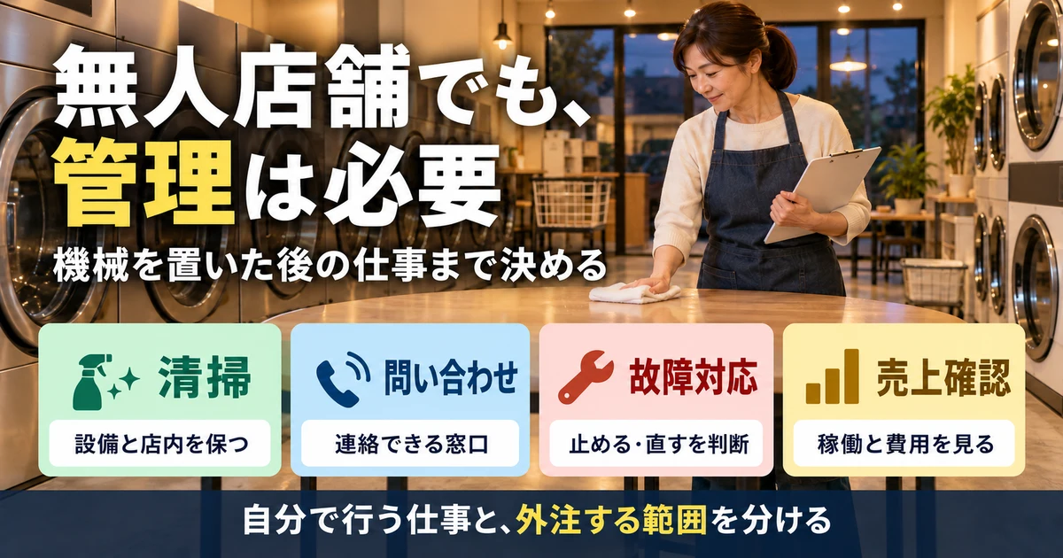 無人店舗に残る清掃、問い合わせ、故障対応、売上確認を示す生成画像