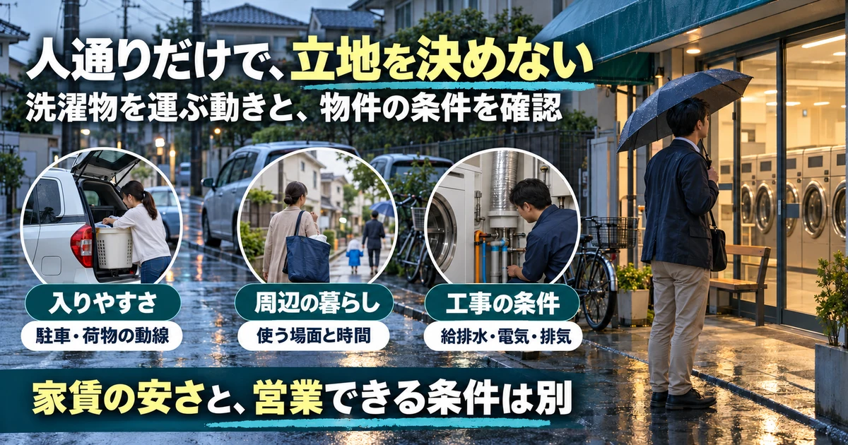 コインランドリーの来店動線、周辺の暮らし、工事条件を確認する生成画像