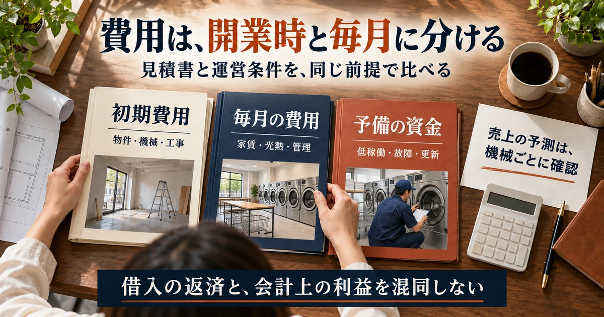 初期費用、毎月の費用、予備資金と機械別の売上を整理する生成画像