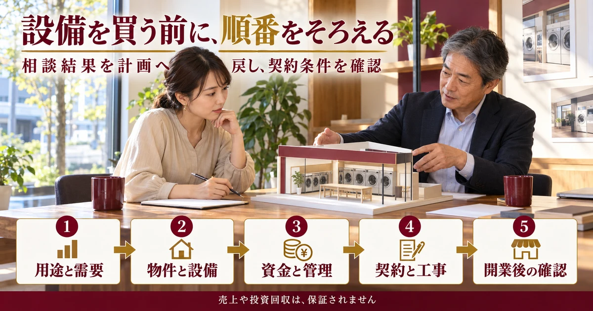 需要、物件、資金、契約工事、開業後確認の五段階を示す生成画像