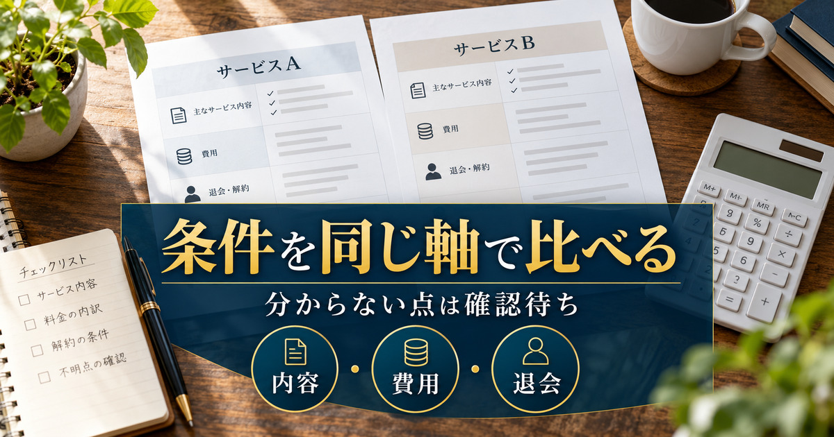 条件を同じ軸で比べる。分からない点は確認待ち。内容・費用・退会の確認ポイント。