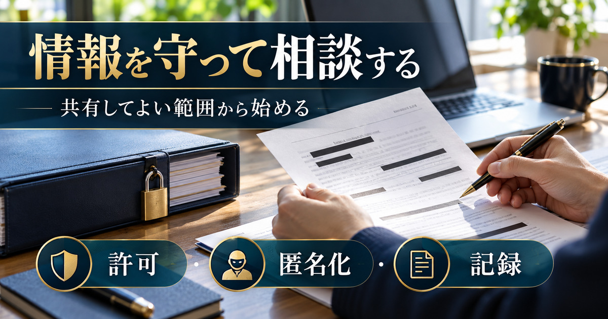 情報を守って相談する。共有してよい範囲から始める。許可・匿名化・記録の確認ポイント。