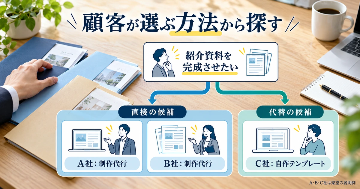 紹介資料を完成させる目的から、架空A社・B社の制作代行と架空C社の自作テンプレートを分ける図