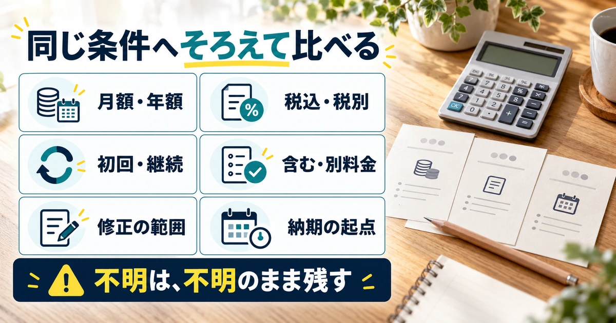 月額と年額、税込と税別、初回と継続、料金に含む範囲、修正条件、納期の起点をそろえる確認図