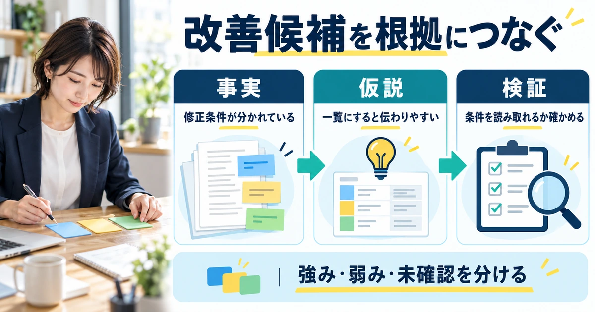観測事実、改善の仮説、確かめる点を別々の欄に置き、修正条件の説明改善へつなげる図