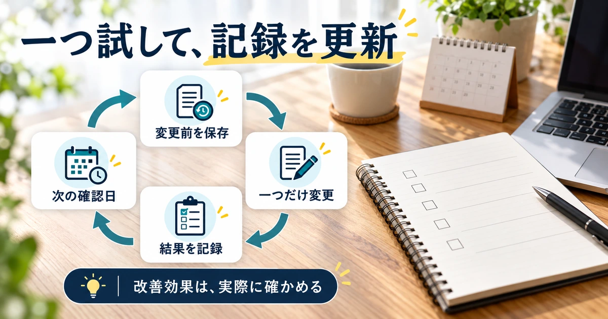 変更前の保存、一つの変更、結果の記録、次の確認日を順につなぎ、比較表を更新する手順