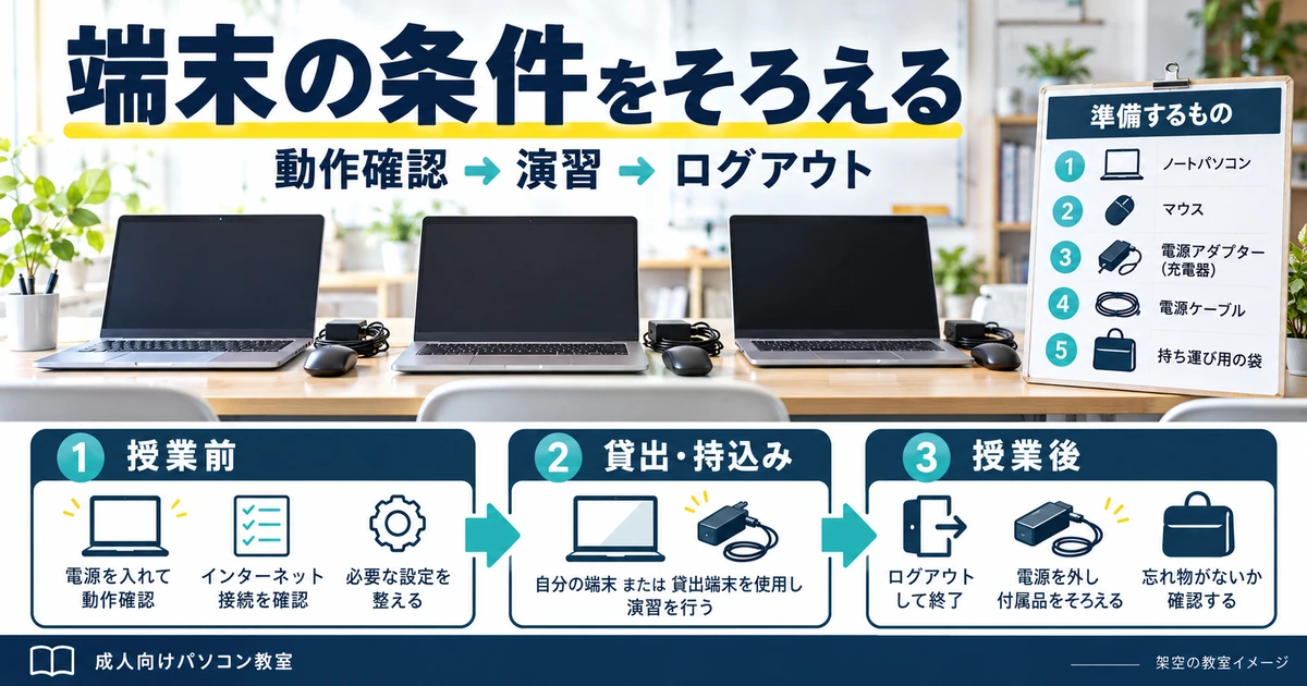 授業前の動作確認、貸出または持込みでの演習、授業後のログアウトを整理した端末点検図