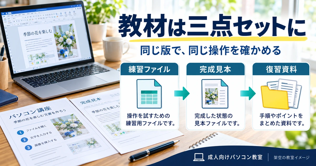 練習ファイル、完成見本、復習資料を同じ版でそろえる教材の三点セット