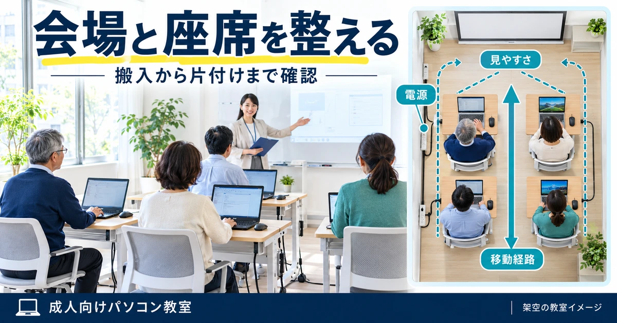 成人向け少人数教室の電源、画面の見やすさ、講師の移動経路を確認する会場配置図
