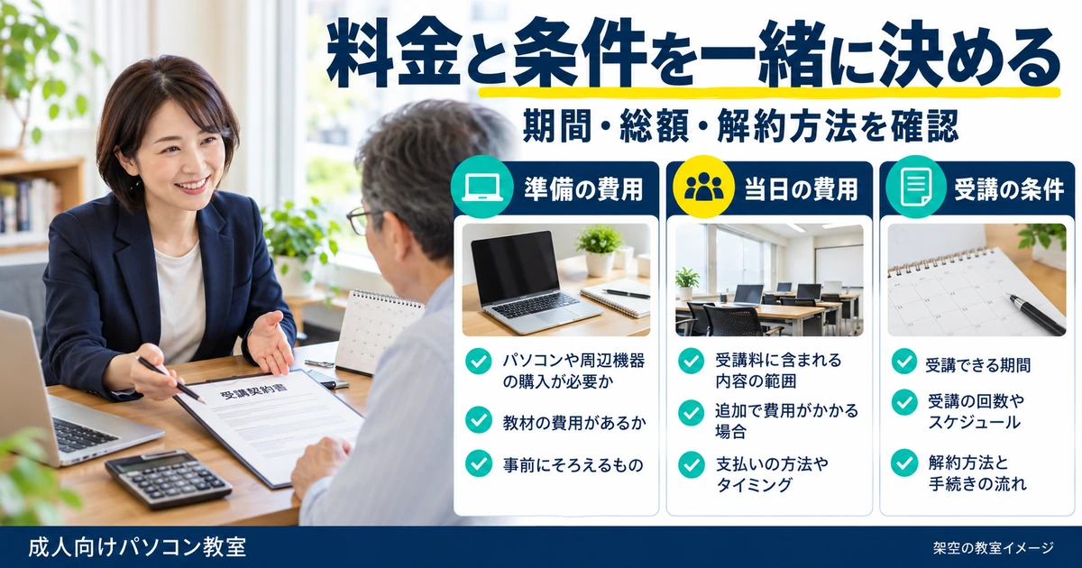 準備費用、当日費用、受講条件を並べて期間・総額・解約方法を確認する料金設計図
