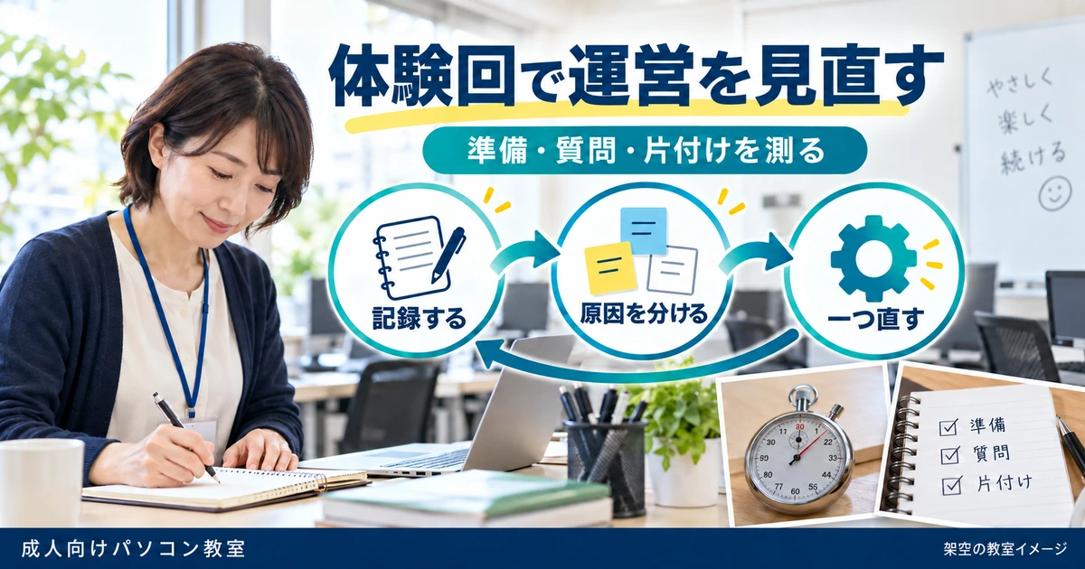 体験回で準備・質問・片付けを記録し、原因を分けて一つずつ改善する運営レビュー図