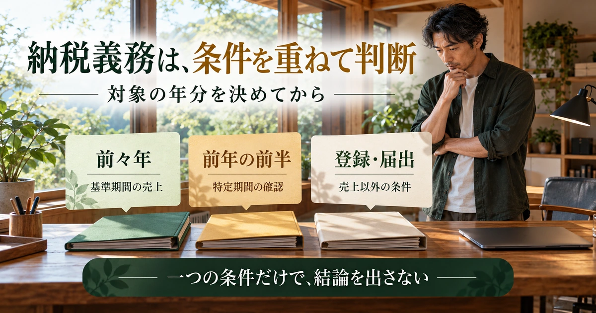 前々年の売上、前年の特定期間、登録と届出を重ねて納税義務を確認する説明用生成画像