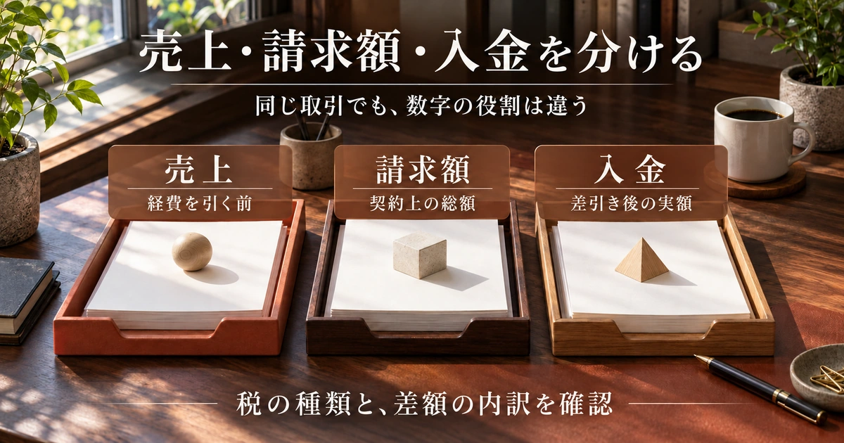 売上、請求額、差引き後の入金の違いを三つの区分で示す説明用生成画像
