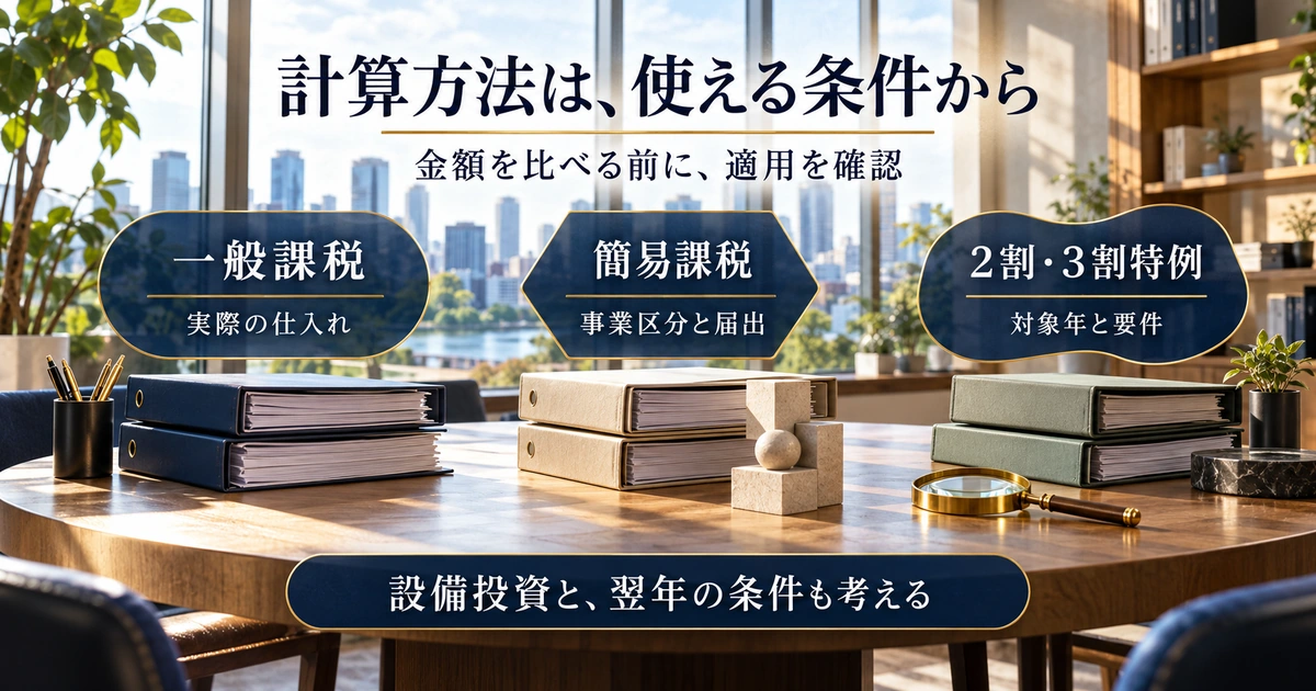 一般課税、簡易課税、2割と3割の特例を適用条件から比較する説明用生成画像