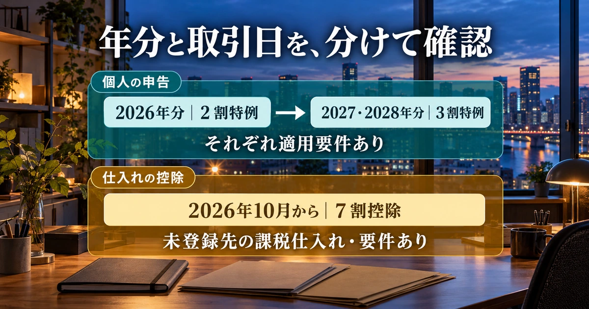 個人の2026年分2割特例と2027・2028年分3割特例、未登録先の仕入れの7割控除の時期を分ける説明用生成画像