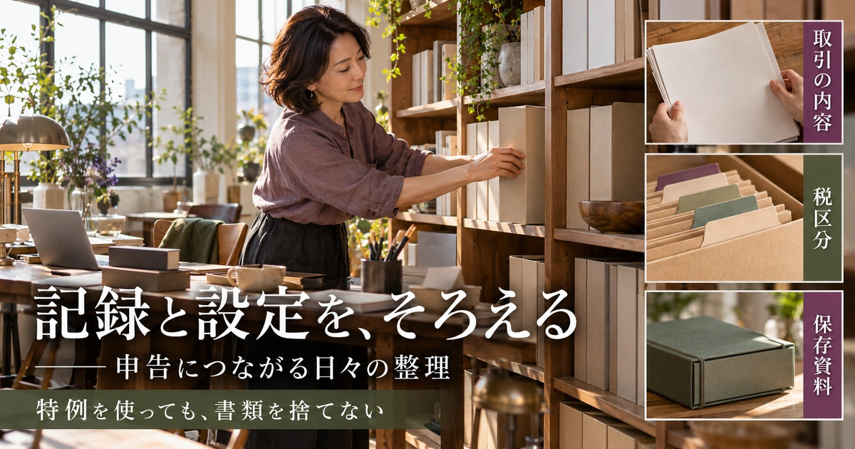 取引内容、税区分、保存資料をそろえて消費税申告に備える説明用生成画像