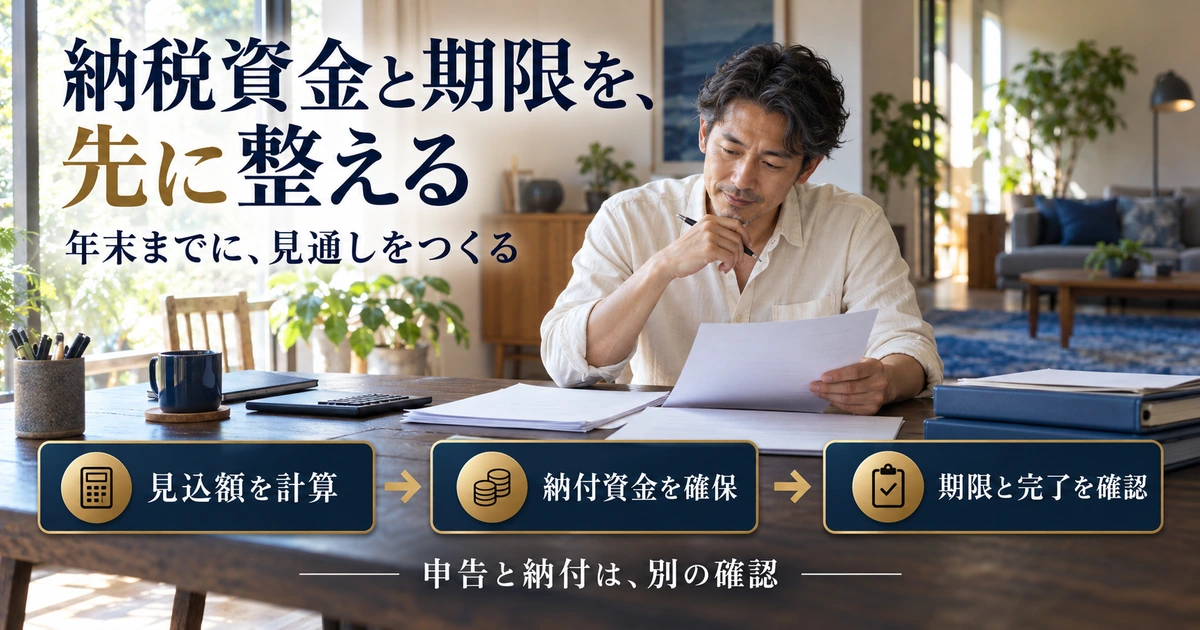 消費税の見込額、納付資金、期限と完了を順に確認する説明用生成画像