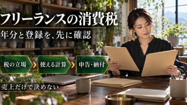 フリーランスの消費税を税の立場、使える計算、申告と納付の順に整理する説明用生成画像