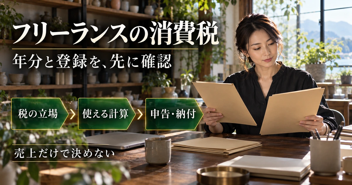 フリーランスの消費税を税の立場、使える計算、申告と納付の順に整理する説明用生成画像